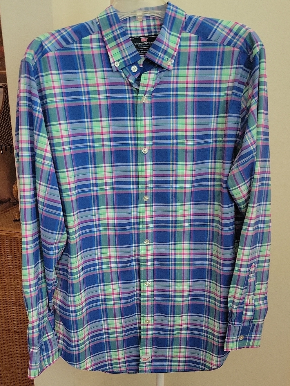 Vineyard Vines Men’s Blue Plaid Button-Down Shirt with Green and Pink Accents...
